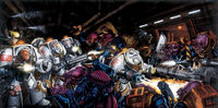 The Deathwing fighting the menace of the Tyranid Genestealers aboard a Space Hulk.