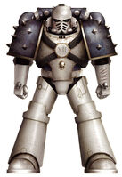 Pre-Heresy World Eaters Legionary wearing Mark IV Maximus Pattern Power Armour; note that the armour modifications were designed not only to evoke fear but also to turn the armour's surface into a weapon; red "tears" denote ritual scarification while kill tally marks have been incised into the vambrace.