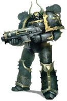 A standard Chaos Space Marine of the Black Legion in corrupted Power Armour, with examples of Black Legion iconography