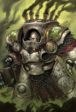 Traitor Death Guard  Koloth Vorr of the 7th Great Company, arrayed in modified  and armed with a  and  with chem-munitions.