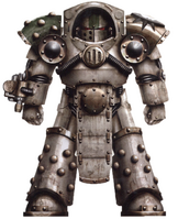 A Pre-Heresy Death Guard Deathshroud Terminator in modified Tartaros Pattern Terminator Armour armed with an unidentified wrist-mounted Alchemical Weapon.