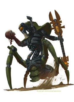 Necron Cryptek Illuminor Szeras, examining a  skull.