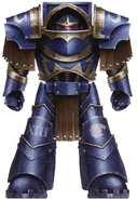 Ultramarines Legion Terminator in Cataphractii Pattern Terminator Armour; note the Raptor Imperialis honour on the right knee, designating a Unification Wars veteran.