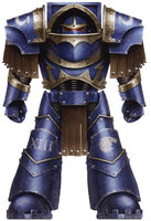 Ultramarines Legion Terminator in Cataphractii Pattern Terminator Armour; note the Raptor Imperialis honour on the right knee, designating a Unification Wars veteran