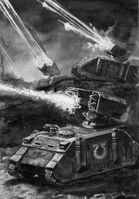 A battery of Ultramarines Whirlwind artillery tanks firing upon a target