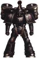 A Blackshield Assault Legionary (Codified "Theoricus 2/9") of The Third Covenant; note the armour is a typically heterogeneous mix of elements recovered from defeated foes; the left pauldron was formerly from a Thousand Sons Legionary, while the helm shows some of the sea green of a Sons of Horus Legionary.