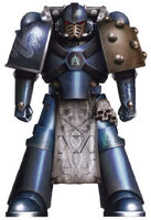 A Pre-Heresy Alpha Legion Seeker in Mark IV Maximus Pattern Power Armour; note that this iconography is a mixture of the Hydra design and the older "Aleph-Null" or "Æternem" emblem of earlier record; the helmet stripe may indicate veterancy or a special deployment.