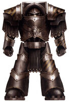 An Iron Warrior Tyranthikos or "Dominator" Veteran Legionary in Cataphractii Pattern Terminator Armour.