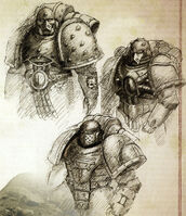 Ancient Remembrancer depictions of a Sons of Horus Reaver Attack Squad Legionaries. Reaver units made extensive use of prototype and sub-pattern wargear and power armour, manufacture and origin unknown.