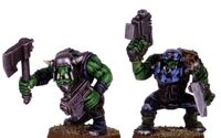 A pair of Blood Axes Nobz wielding Choppas and Shootas