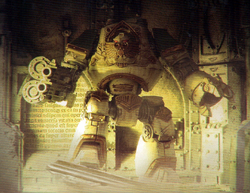 An ancient pict-capture of a   Contemptor Dreadnought armed with   and a 