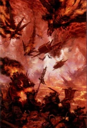 Une bande de Space Marines du Chaos envahissant un monde impérial.