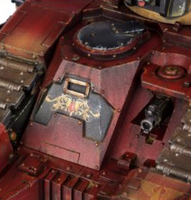 A Sicaran Arcus Strike Tank of the Blood Angels Legion, front-hull close-up view