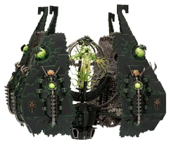 Two of the four Canoptek Leeches docked in their niches on an active ; the Transcendent C'tan is revealed, contained by a 