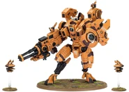 An XV104 Riptide Battlesuit armed with a Heavy Burst Cannon and underslung twin-linked Plasma Rifles, and accompanied by two Shielded Missile Drones.