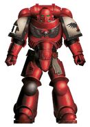 A Blood Ravens Primaris Space Marine in Mark X Tacticus Power Armour; the right knee guard of the Blood Ravens indicates company.