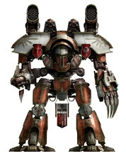 A Legio Fortidus Warlord Titan armed with Mars Pattern Apocalypse Missile Launchers, Belicosa Volcano Cannon, and Arioch Power Claw.