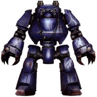 An ancient pict-capture of a Night Lords Legion Contemptor Pattern Dreadnought