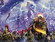 The Emperor of Mankind within the Imperial Webway leads the Legio Custodes and Silent Sisterhood against the forces of Chaos.