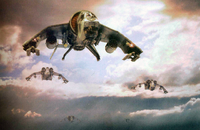 A squadron of Vulture Gunships escorting a squadron of Valkyrie Transports to their destination