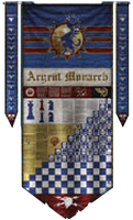 Legio Gryphonicus honour banner of the Warlord-class Titan Argent Monarch depicting enemy Titan kills and various honours.