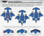 Ultramarines Stormtalon Gunship squadron, displaying common Adeptus Astartes aviation markings.