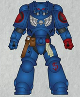 A recently-assigned Crimson Fists Primaris Space Marine in Mark X Tacticus Power Armour