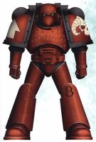 Exorcists Brother-Initiate Belloch in Mark VI Corvus Power Armour; note the hexagrammatic wards inscribed into the armour.