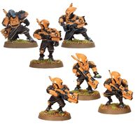 A squad of six T'au Pathfinders armed with Pulse Carbines and Marker Lights