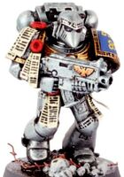 Angels of Iron battle-brother wearing Mark VI Corvus Power Armour; note the numerous Purity Seals and the intricate scroll-work engraved on the battle-plate.