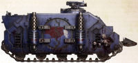 An ancient pict-capture of a Deimos Rhino of the Night Lords Legion, side-view.
