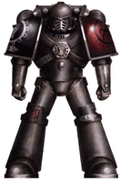 A Pre-Heresy Iron Hands Devastator Marine in Mark IV Maximus Power Armour; this is Ironwrought Veur, a member of the Morragul Clan, which was led by the infamous Iron-Lord Autek Mor; note that Veur bears the distinctive crimson heraldry of Autek Mor's personal Clan Honour Guard, the Blood Wrought, the precursor iconography that would later be utilised by the Second Founding Red Talons Chapter