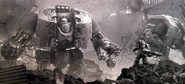 An ancient pict-capture of two Leviathan Pattern Siege Dreadnoughts of the Space Wolves Legion during the Battle of Prospero.