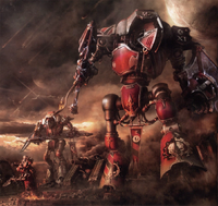 A pair of House Hermetika Cerastus Knight-Lancers fights alongside Mechanicum forces during the Horus Heresy.