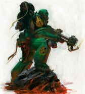 A Salamanders Astartes prepares to unleash his Flamer, a characteristic weapon of the Chapter.