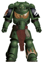 A Salamanders Primaris Space Marine, Battle-Brother Tal'sar, 2nd Company, 2nd Squad (Battleline) in Mark X Tacticus Power Armour.