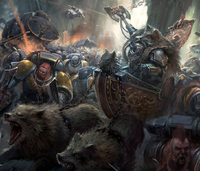 Logan Grimnar atop Stormrider as it is pulled forwards by his Thunderwolves, Tyrnak and Fenrir