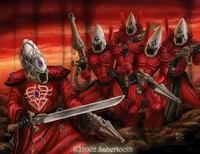 A squad of Saim-Hann Guardians led by Warlock into battle.