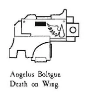 A wrist-mounted, drum-fed Angelus Pattern Bolter used by the Blood Angels Sanguinary Guard.