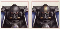 Ultramarines Legion helm variations: from left-to-right, a Destroyer and Destroyer Sergeant.