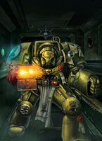 Imperial Fists Veteran Marine in Indomitus Pattern Terminator Armour cleansing a Space Hulk.