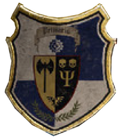 Legio Gryphonicus livery shield with princeps personal heraldry of the Warlord-class Titan Argent Monarch