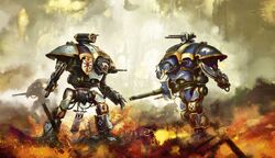 A  issues a mortal challenge to its Imperial counterpart from , its  horns projecting the words of the Fallen Noble above the roar of the surrounding battle.