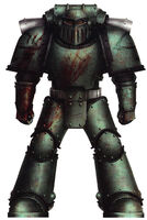 Pre-Heresy Sons of Horus Rukal Breacher Battlaion Legionary in Mark III Iron Pattern Power Armour, primarily employed as a support assault contingent during boarding actions and siege operations; the Rukal customarily preserved any blood spray from their previous engagements to decorate their armour, as a visible sign of their destructive intent