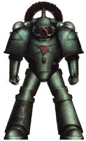 A Lieutenant of the Sons of Horus in Mark IV Power Armour; note the Raptor Imperialis, a battle honour displayed on the chest plate and the transverse helmet crest or "Centuria", a Terran rank signifier and hold-over from the panoply of the Luna Wolves