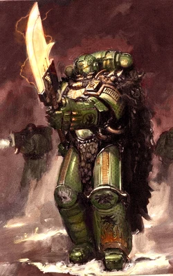 Vulkan He'stan, bearing the  while leading his Chapter