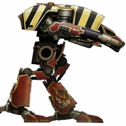 Warhound-class Scout Titan Advensis Secundus of the  armed with a  and a , as deployed during the  against the  in the 41st Millennium.