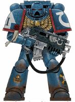 Battle-Brother Severian, Ultramarines 3rd Company, 2nd Tactical Squad; note the army campaign badge on the left leg greave