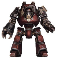 A Word Bearers Legion Contemptor Dreadnought, Cyrnai of the Annunake, armed with a Power Claw and a deadly Conversion Beamer