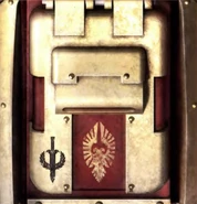 Pallas Grav-Attack panel; this vehicle was designated as the lead element of an attack squadron, which is denoted by the symbol of the Misericordia blade. The ancient device of the blade and wreath denotes both authority and the right to enact judgement upon any of the Emperor's subjects.